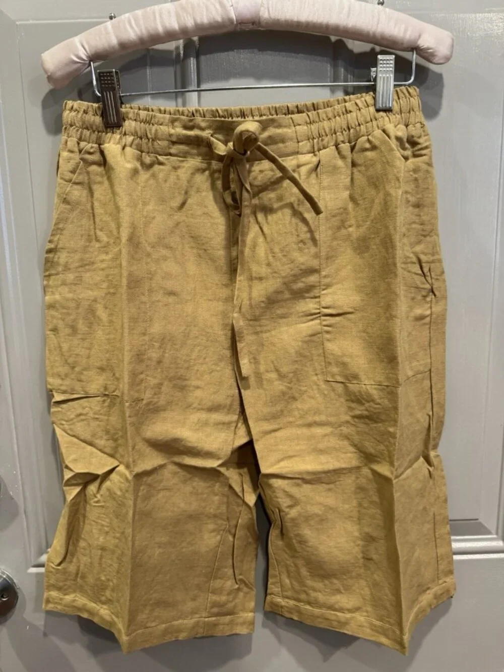 Dr Flax European 100% Linen Bermuda Shorts Mens S/M Mustard Gold Pockets NEW